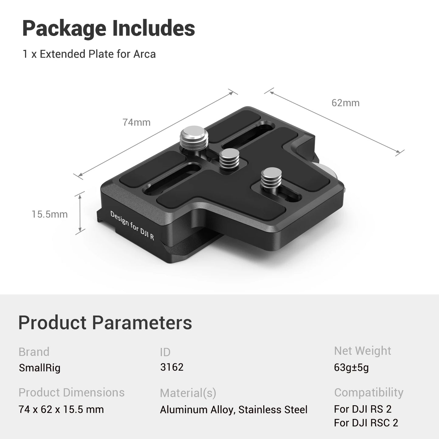 SmallRig Extended Arca-Type Quick Release Plate for DJI RS 2 and RSC 2 Gimbal for RS 2 / RSC 2 / RS 3 / RS 3 Pro 3162/2851