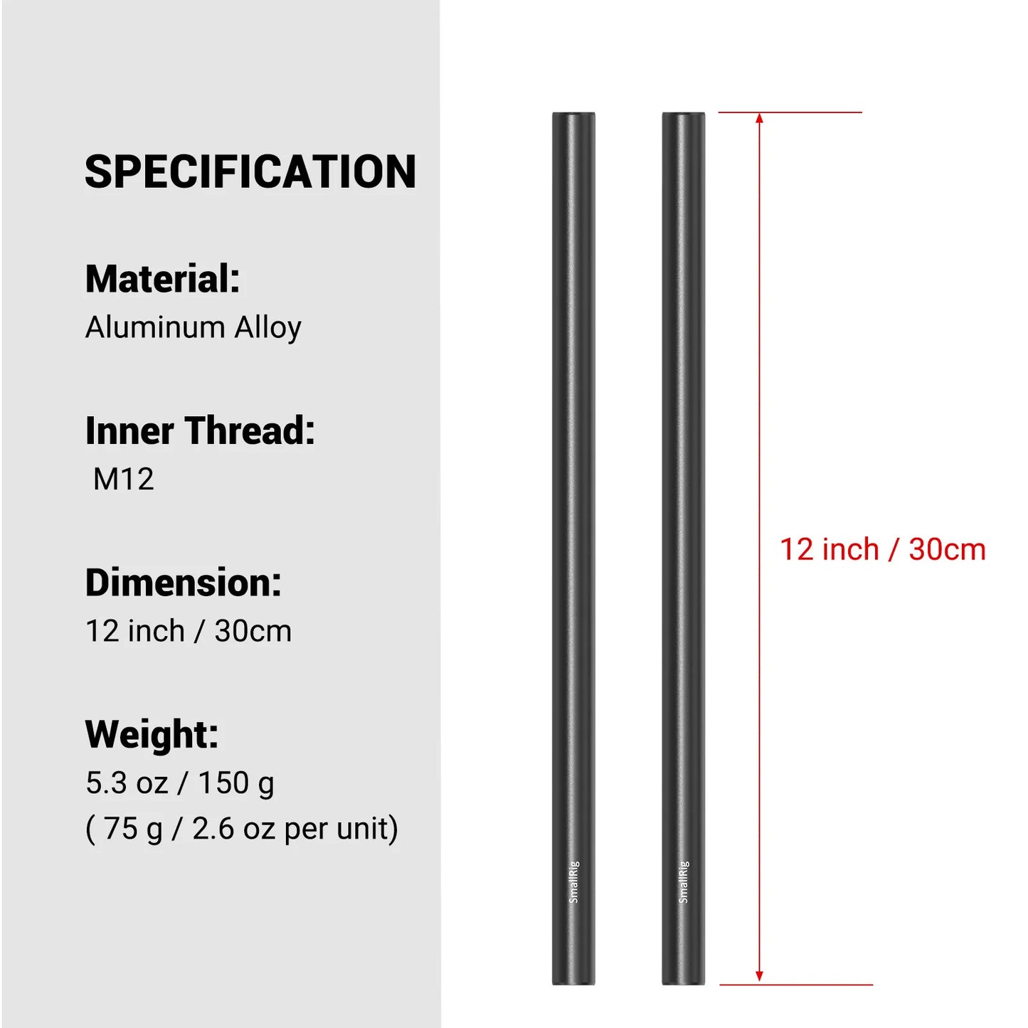SmallRig 2PCS 15mm Aluminum Alloy Rods 30cm / 12inch Long for Dslr Camera 15mm Rods System Camera Rail Rod Black 1053