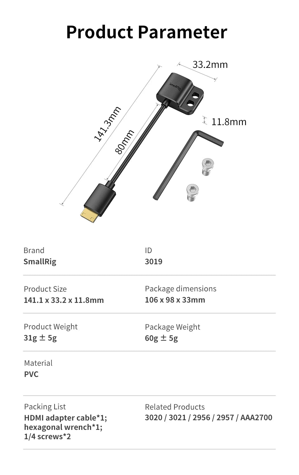 SmallRig Ultra Slim 4K Adapter Cable A to A/C to A /D TO A for BMPCC 4K & 6K/for Sony A7SIII/for Panasonic 3019/3020/3021