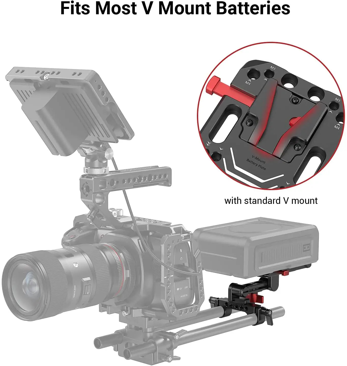 SmallRig V Mount Battery Plate, V-Lock Mount Battery Plate with 15mm Rod Clamp & Adjustable Arm for Power Supply - 2991