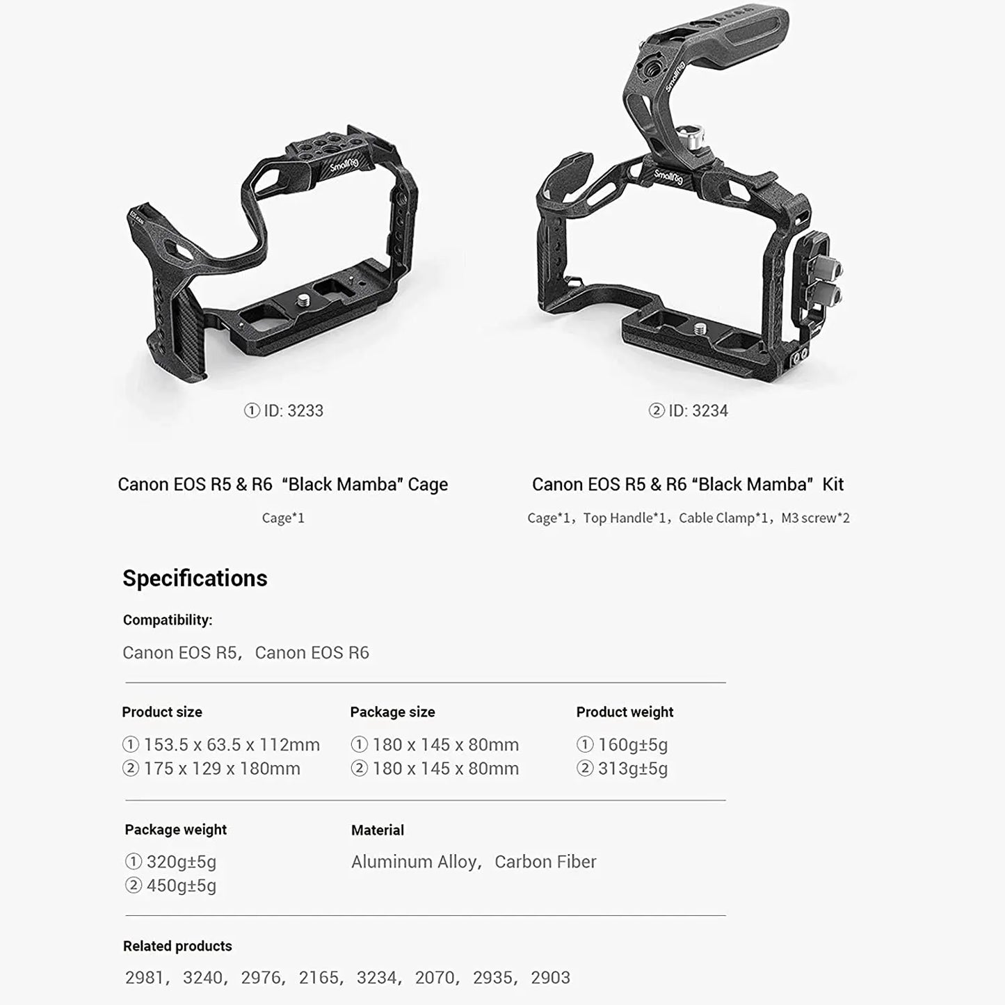 SmallRig Black Mamba Camera Cage with cable clamp and Top Handle Kit for Canon EOS R5 & R6 & R5 C Camera 3233/3234