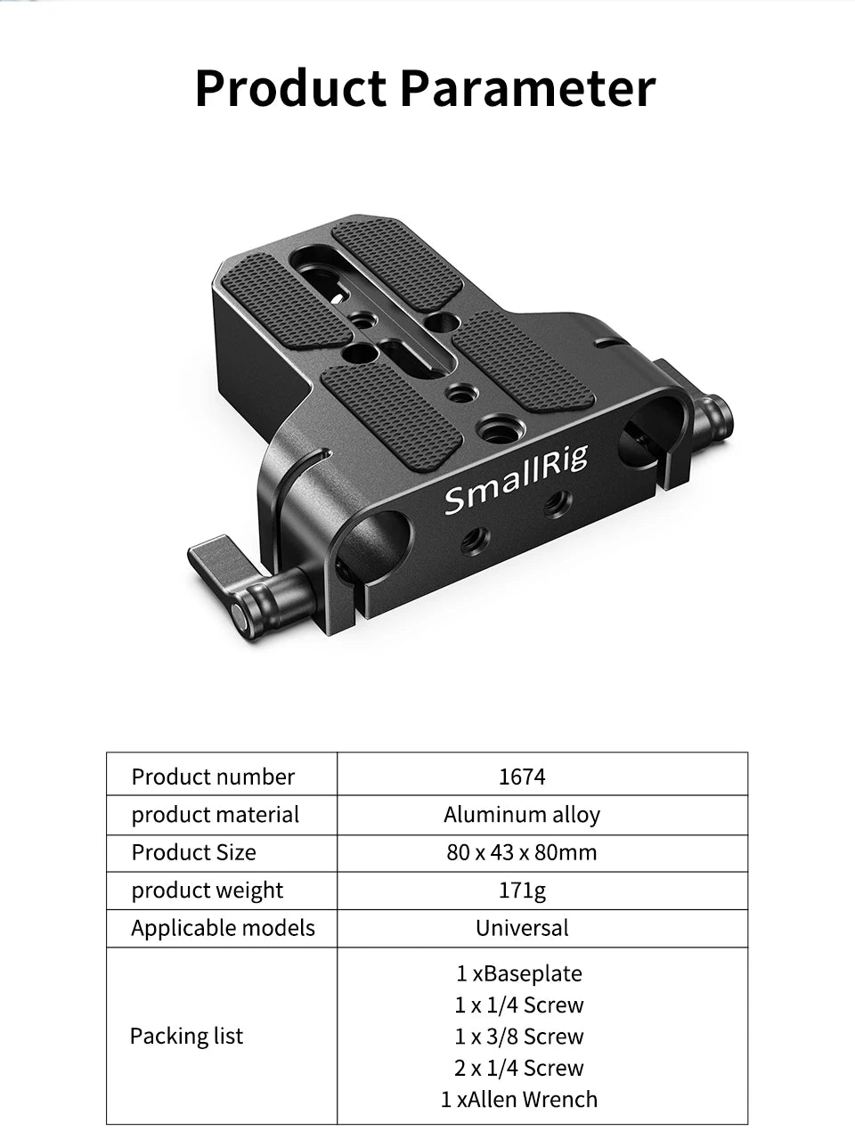 SmallRig Universal Camera Base Plate with 15mm Rod Rail Clamp for Sony A6500/A6600 for Panasonic GH5 For Sony Camera Cage