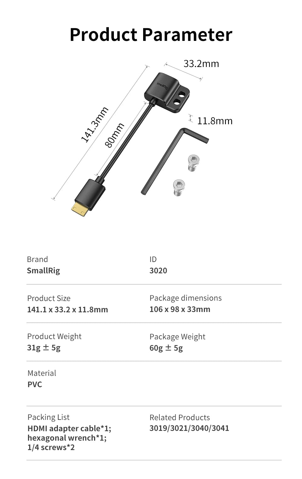 SmallRig Ultra Slim 4K Adapter Cable A to A/C to A /D TO A for BMPCC 4K & 6K/for Sony A7SIII/for Panasonic 3019/3020/3021