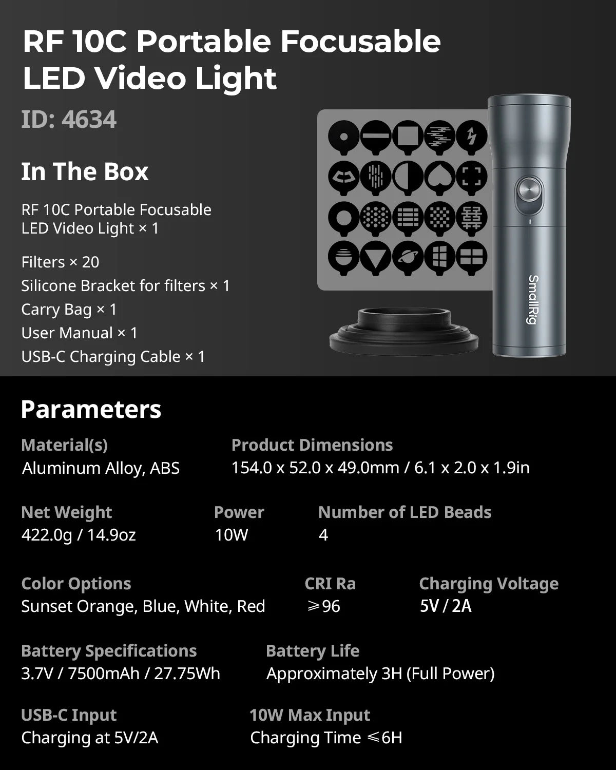 SmallRig Portable Focusable RF 10C LED Video Light 4 Colors Mini spotlight 10W