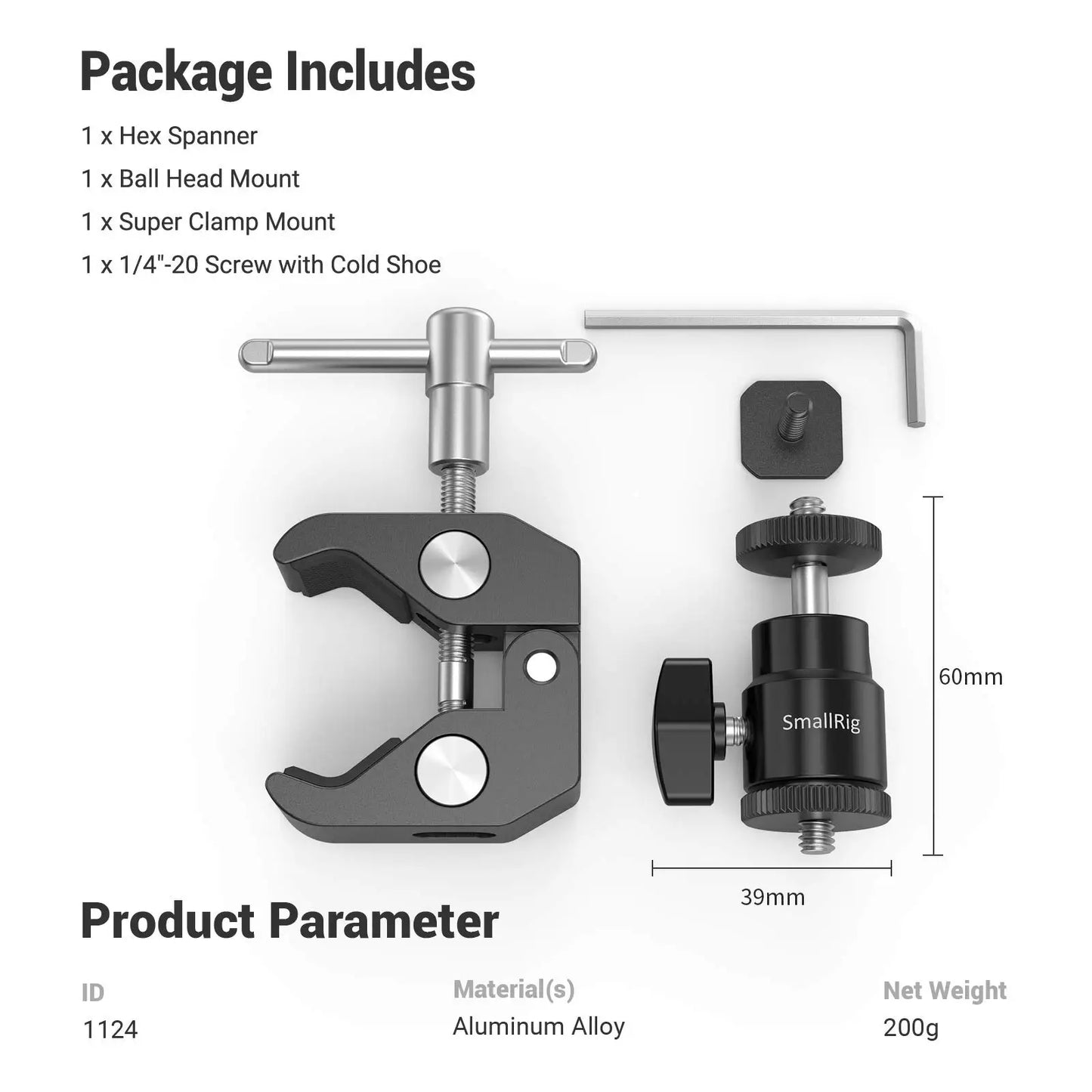 SmallRig DSLR Camera Super Clamp Holder w/ Ball Head Mount Hot Shoe Adapter For Gopro/Camera Light/Monitor Attachment 1124