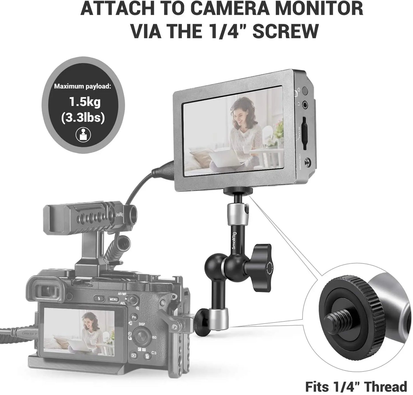 SmallRig Camera 5.5 inches Articulating Arm EVF Mount Microphone Mount Universal 1/4" to 1/4" Aluminum Magic Arm Camera 2065