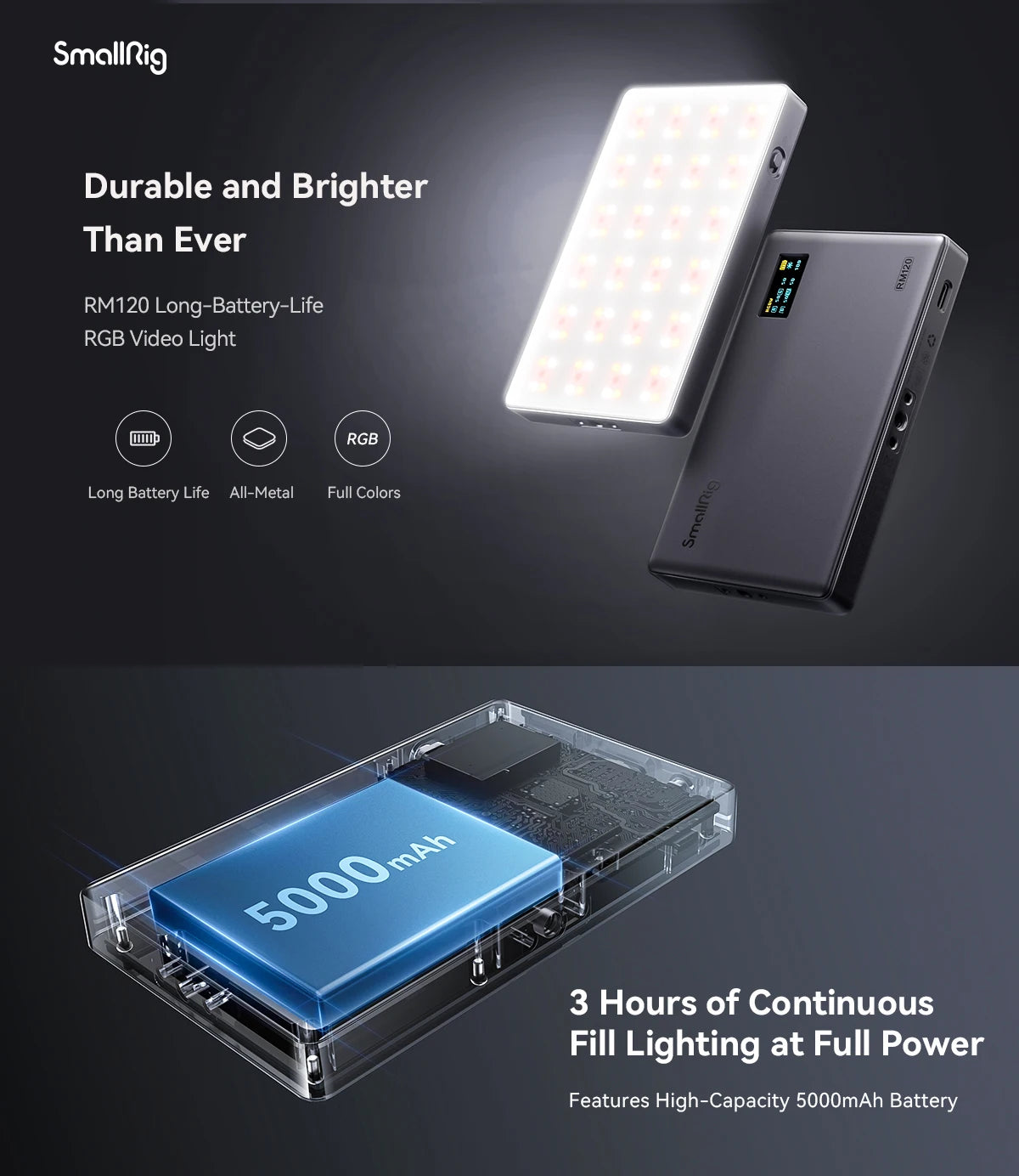 SmallRig RM120 Super Long-Battery-Life RGB Video Light Portable All-in-One