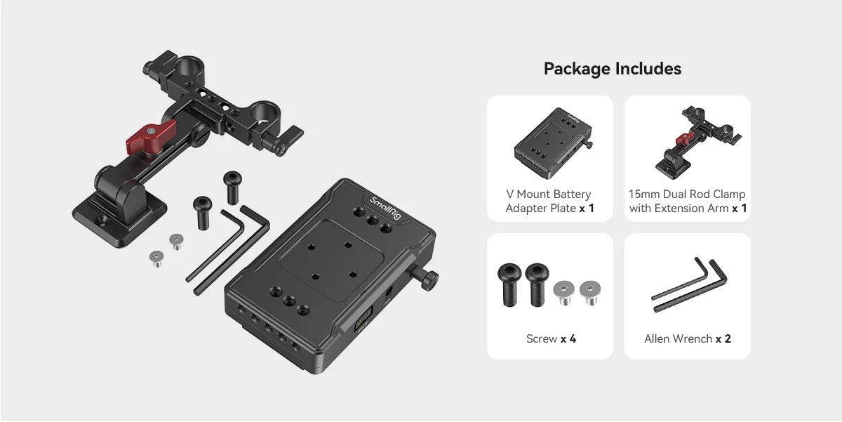 SmallRig V Mount Battery Adapter Plate, Power Supply Splitter with 15 mm Rod Clamp and Adjustable Arm, for Sony for Canon 3499
