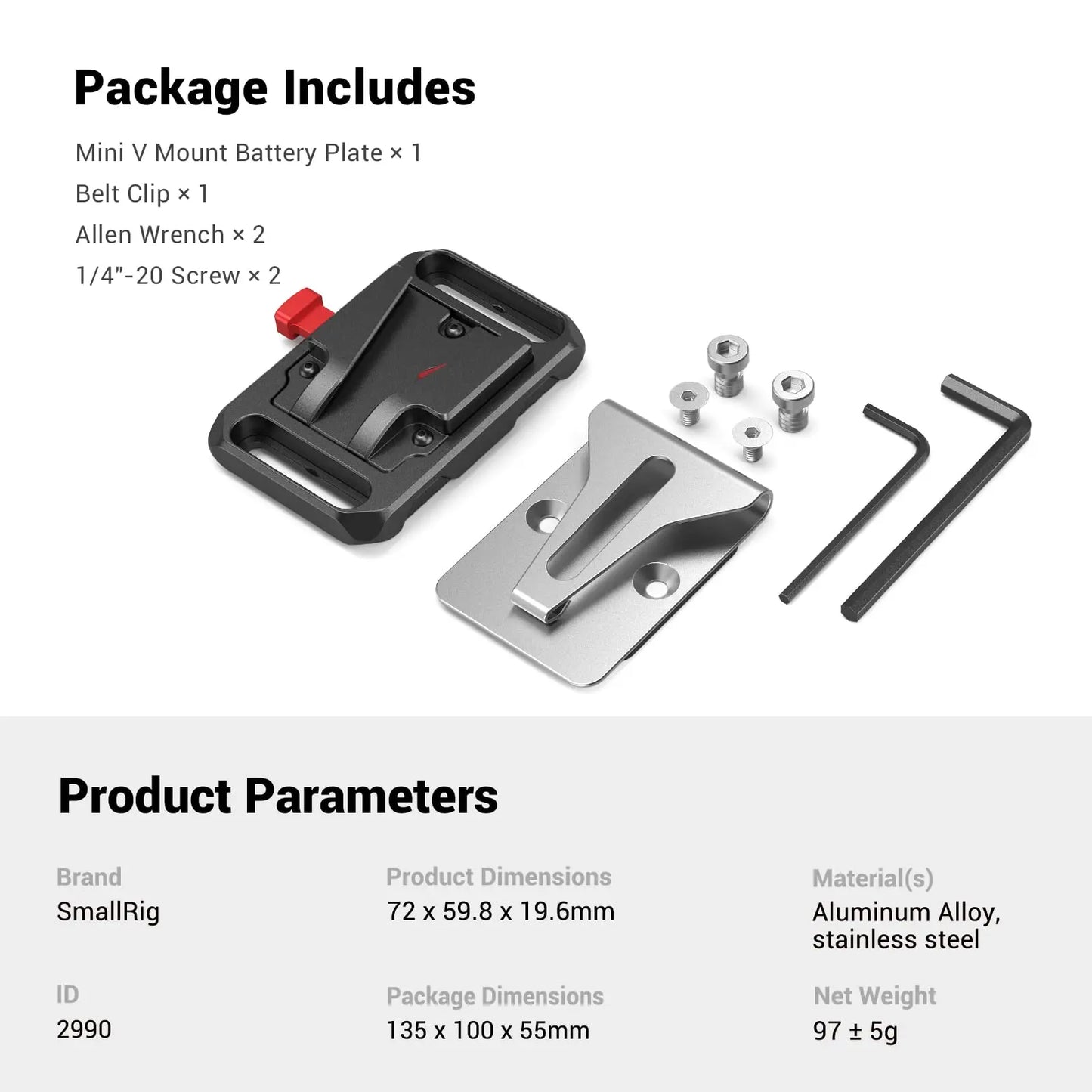 SmallRig Universal Mini V Mount Battery Plate with Belt Clip For A7S3 and other camera V mount batteries 2990