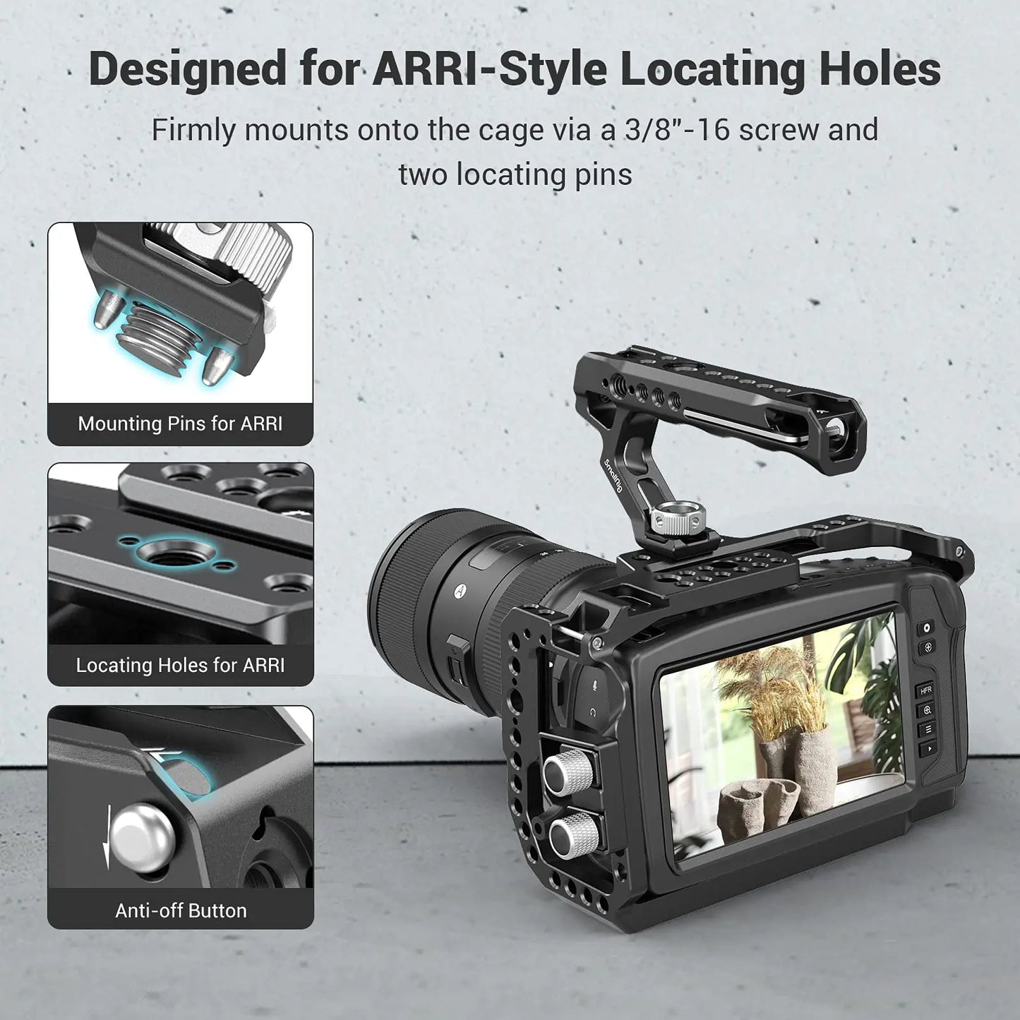 SmallRig Top Handle with Locating Holes for ARRI for Camera Cage, Ergonomic Design, with Anti-Off Designed Cold Shoe Adapter