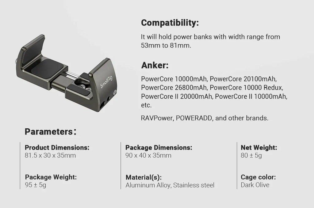 SmallRig Universal Power Bank Holder Adjustable for power banks with width range from 53mm to 81mm for Vlogging Video Shoot 2790