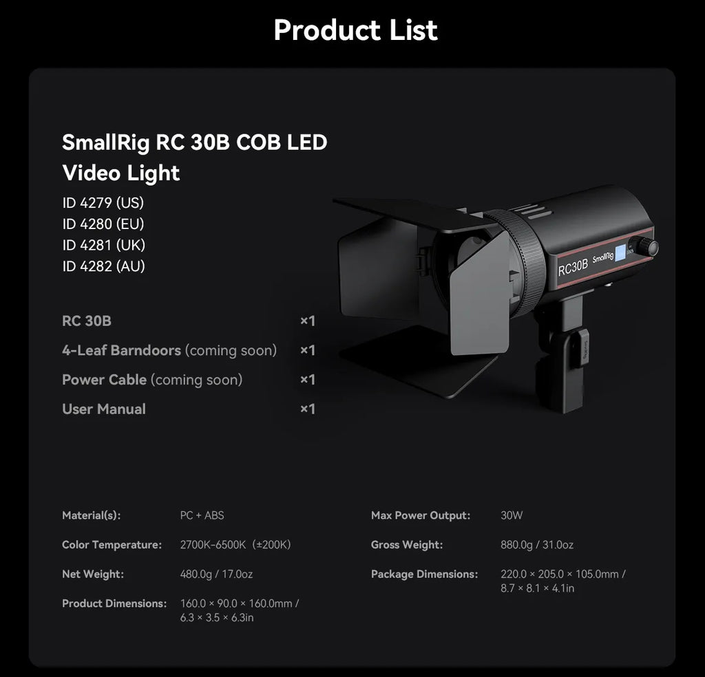 SmallRig RC 30B COB Light with 30W Beam Angle Adjustable Bi-color COB LED Video Light 2700K-6500K Ultra-high Brightness 4280