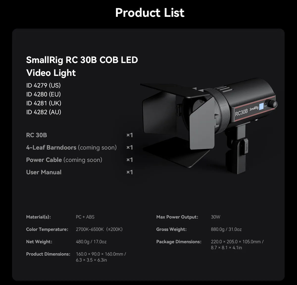 SmallRig RC 30B COB Light with 30W Beam Angle Adjustable Bi-color COB LED Video Light 2700K-6500K Ultra-high Brightness 4280