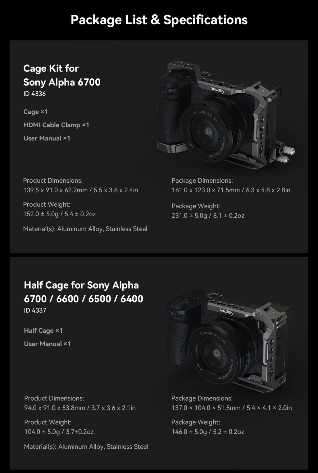 SmallRig Cage Kit / Half Cage / Baseplate / Dual Cold Shoe Mount Plate / for Sony Alpha 6700 With Multiple Mounting Points A6700