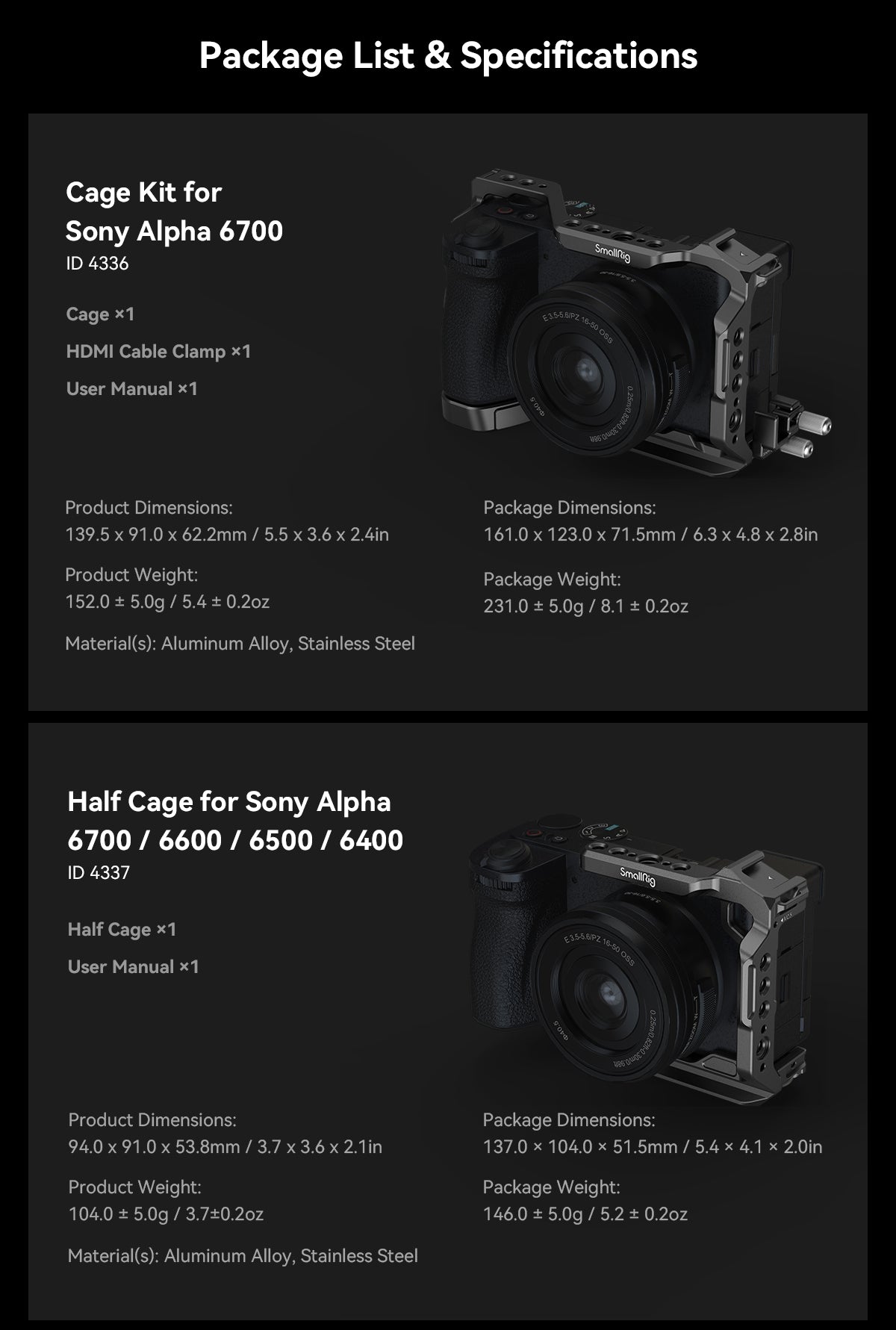 SmallRig Cage Kit / Half Cage / Baseplate / Dual Cold Shoe Mount Plate / for Sony Alpha 6700 With Multiple Mounting Points A6700