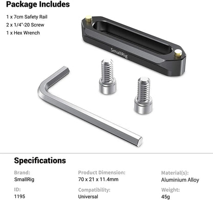 SmallRig Quick Release Safety Nato Rail 70mm Long with Spring Loaded Pins for RED Epic / Scarlet, Black Magic- 1195B