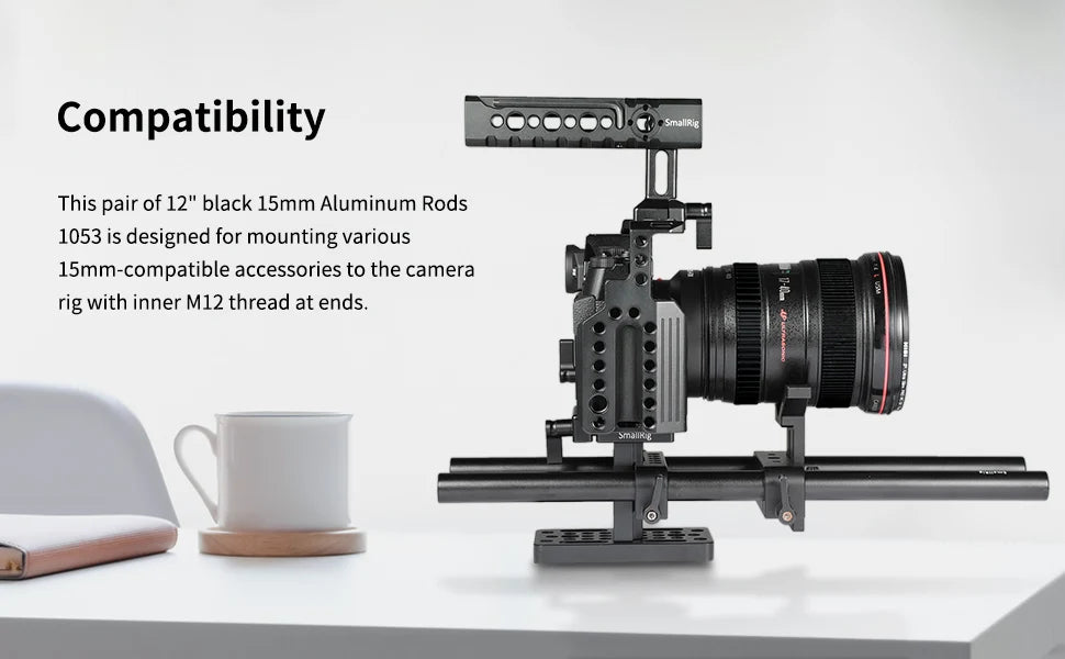 SmallRig 2PCS 15mm Aluminum Alloy Rods 30cm / 12inch Long for Dslr Camera 15mm Rods System Camera Rail Rod Black 1053