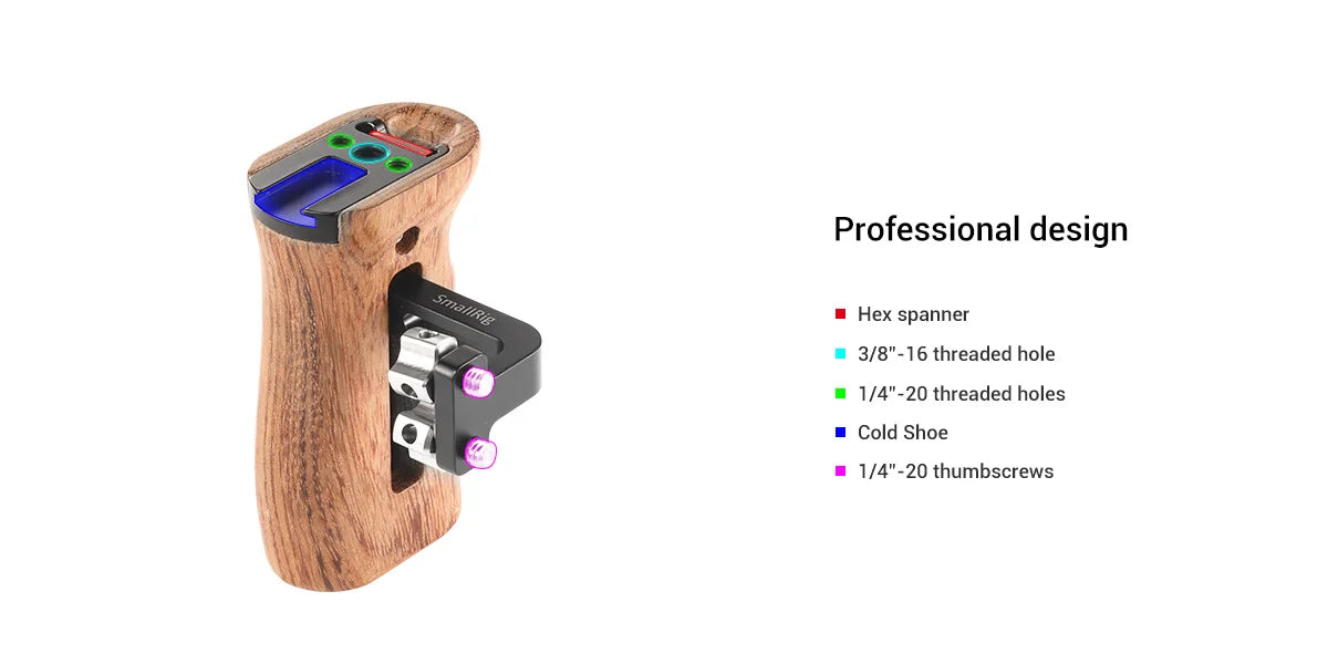 SmallRig Adjustable DSLR Wooden Camera Handle Universal Side Handle Grip W/ Cold Shoe Mount for Microphone and flash light 2093C