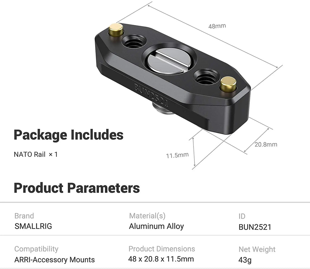 SmallRig DSLR Camer Quick Release Rig NATO Rail with ARRI Locating Screw 48mm/35mm for Microphone Monitor DIY Attachment 2521B