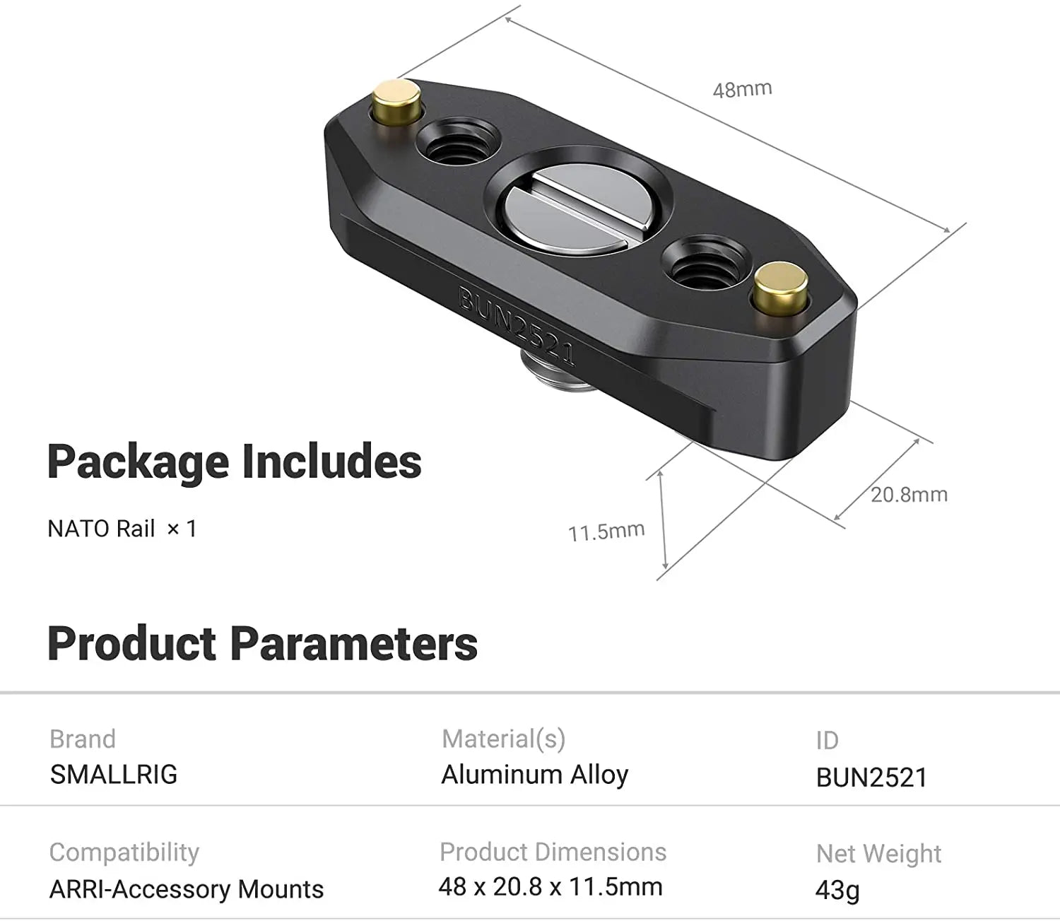 SmallRig DSLR Camer Quick Release Rig NATO Rail with ARRI Locating Screw 48mm/35mm for Microphone Monitor DIY Attachment 2521B