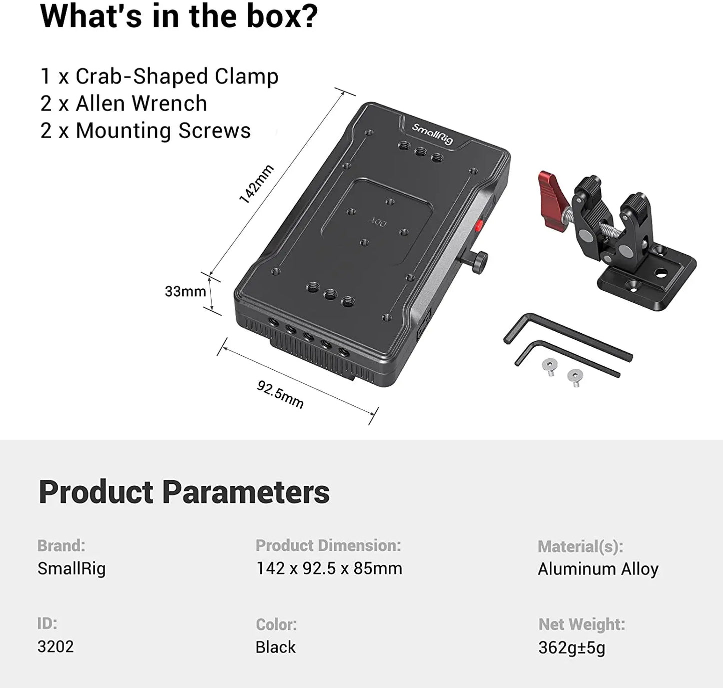 SmallRig V Mount Battery Adapter Plate with Crab-Shaped/Crab-Shaped /Adjustable Arm Clamp 3202/3203/3204
