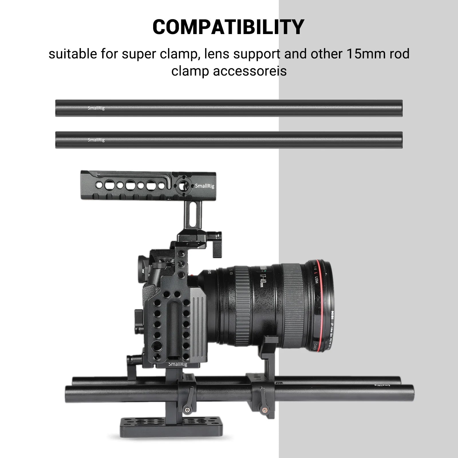 SmallRig 2PCS 15mm Aluminum Alloy Rods 30cm / 12inch Long for Dslr Camera 15mm Rods System Camera Rail Rod Black 1053