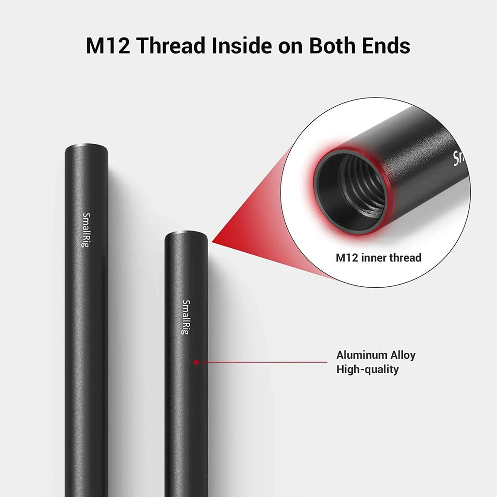 SmallRig Black Aluminum Alloy 15mm Rod M12-20cm 8inch Long (2 Pack)- 1051
