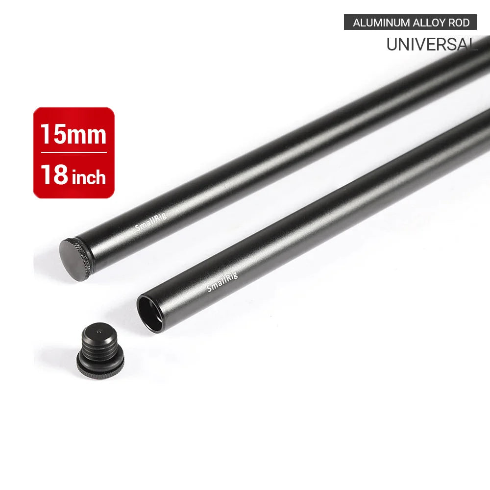 SmallRig Black Aluminum Alloy 15mm Rods 18 Inches Long with M12 Female Thread Includes M12 Rod Caps (Pair Pack)-1055