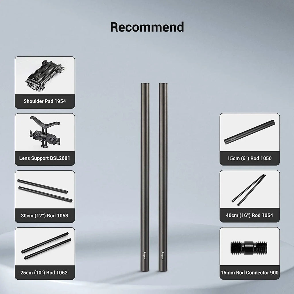 SmallRig Black Aluminum Alloy 15mm Rod M12-20cm 8inch Long (2 Pack)- 1051