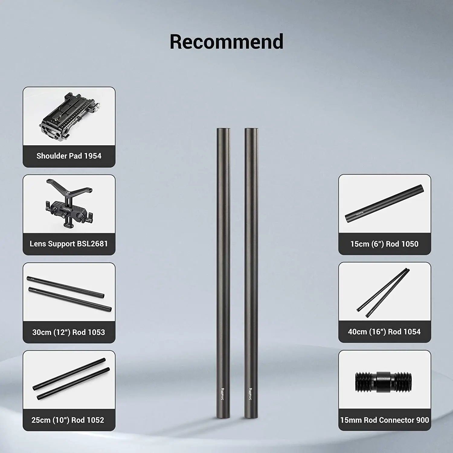 SmallRig Black Aluminum Alloy 15mm Rod M12-20cm 8inch Long (2 Pack)- 1051