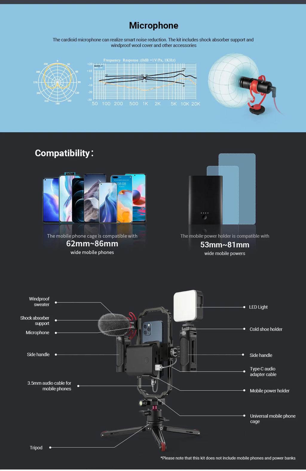 SmallRig Universal Phone Vlog Tripod Video Rig kit Case Cage with 2 Handle Microphone Light