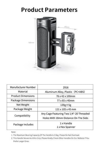 SmallRig Mini Camera Side Handle Handgrip with Two 1/4”-20 Screws  Mount for Mirrorless/ Digital Camera DSLR Camera 2916