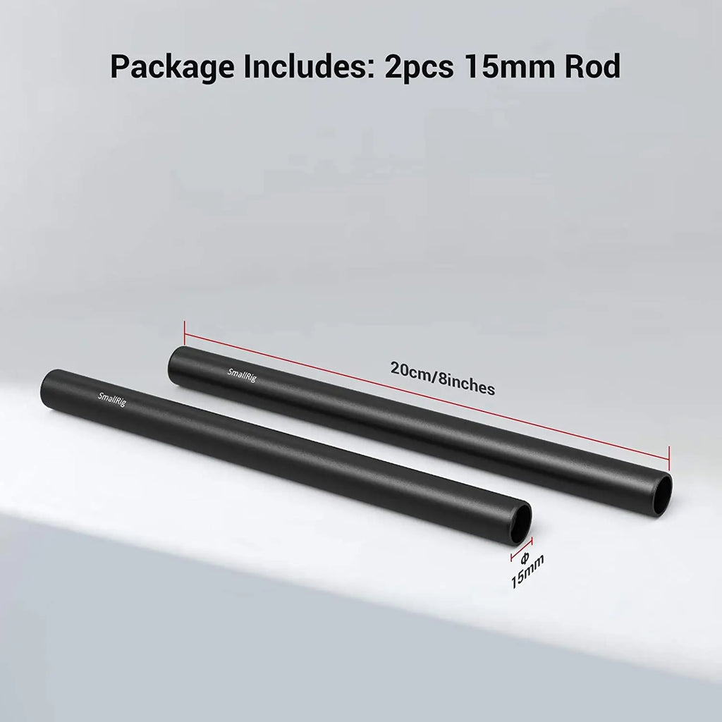 SmallRig Black Aluminum Alloy 15mm Rod M12-20cm 8inch Long (2 Pack)- 1051