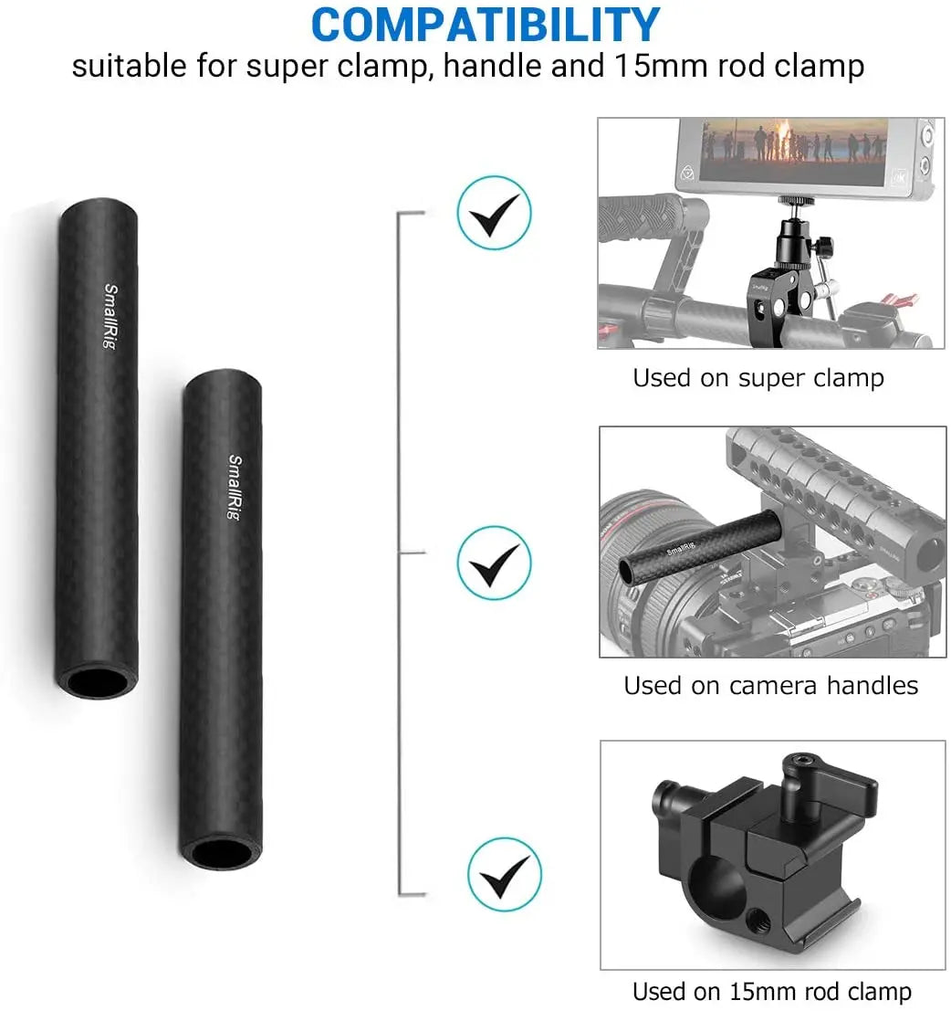 SmallRig 15mm Carbon Fiber Rod 4 inch Long for 15mm Rod Light Weight Support System DSLR Camera Rig - 1871 (2PCS Pack)