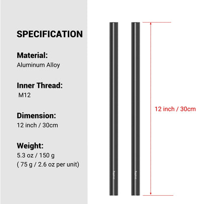 SmallRig 2PCS 15mm Aluminum Alloy Rods 30cm / 12inch Long for Dslr Camera 15mm Rods System Camera Rail Rod Black 1053