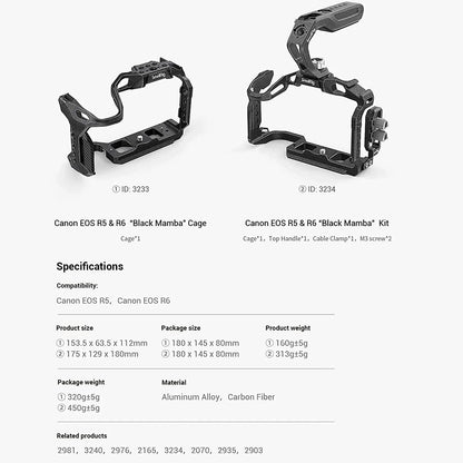 SmallRig Black Mamba Camera Cage with cable clamp and Top Handle Kit for Canon EOS R5 & R6 & R5 C Camera 3233/3234