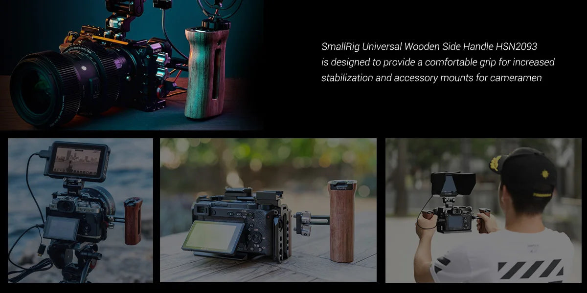 SmallRig Adjustable DSLR Wooden Camera Handle Universal Side Handle Grip W/ Cold Shoe Mount for Microphone and flash light 2093C