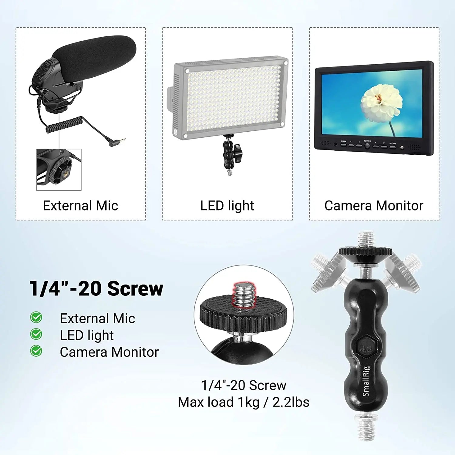 Brazo mágico universal ajustable SmallRig con cabezal esférico pequeño para monitor de cámara/soporte de luz LED con tornillo 1/4