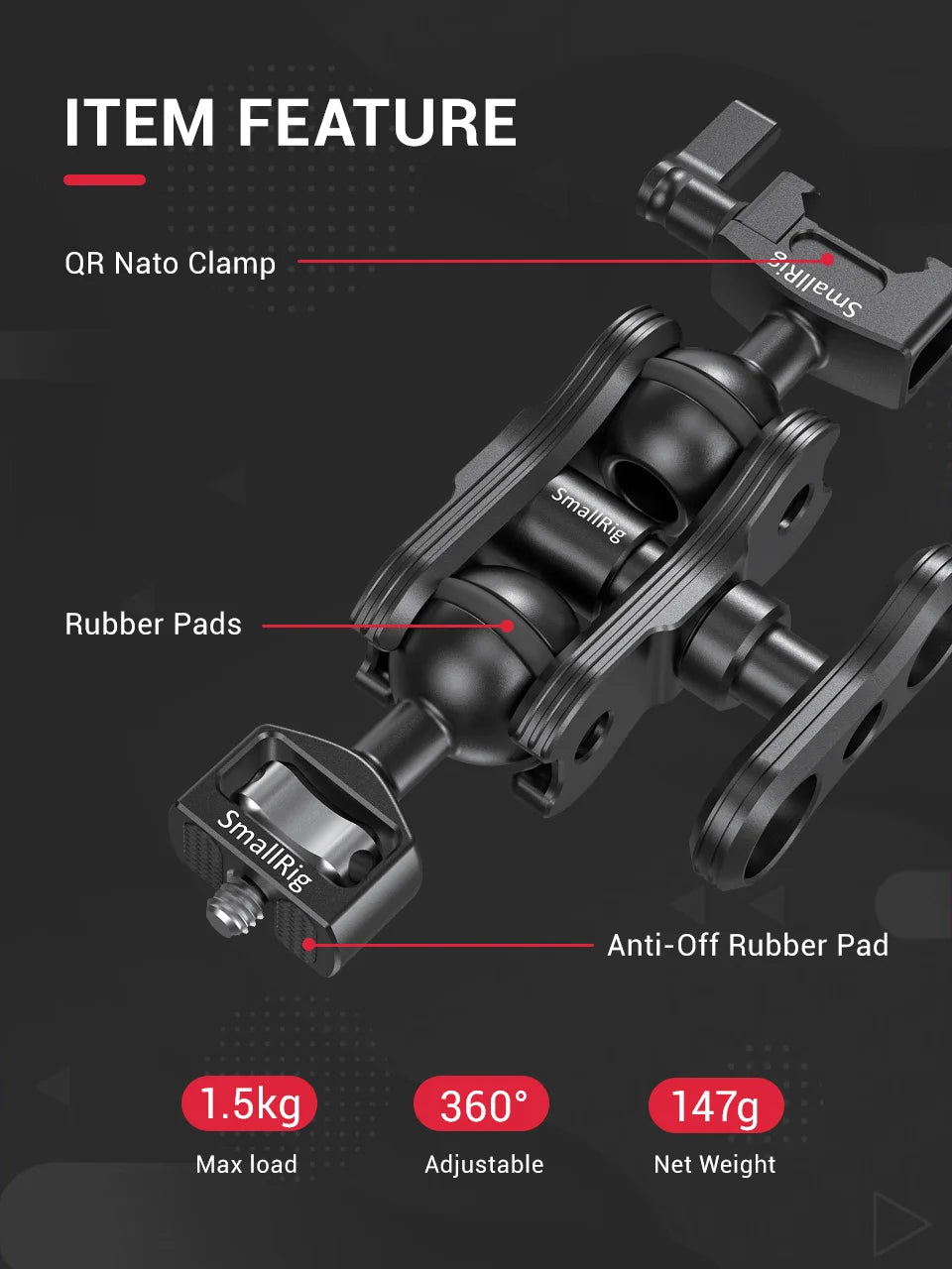 SmallRig Friction Articulating Magic Arm with Screw Ball Head & NATO Clamp – For Director Monitor Support