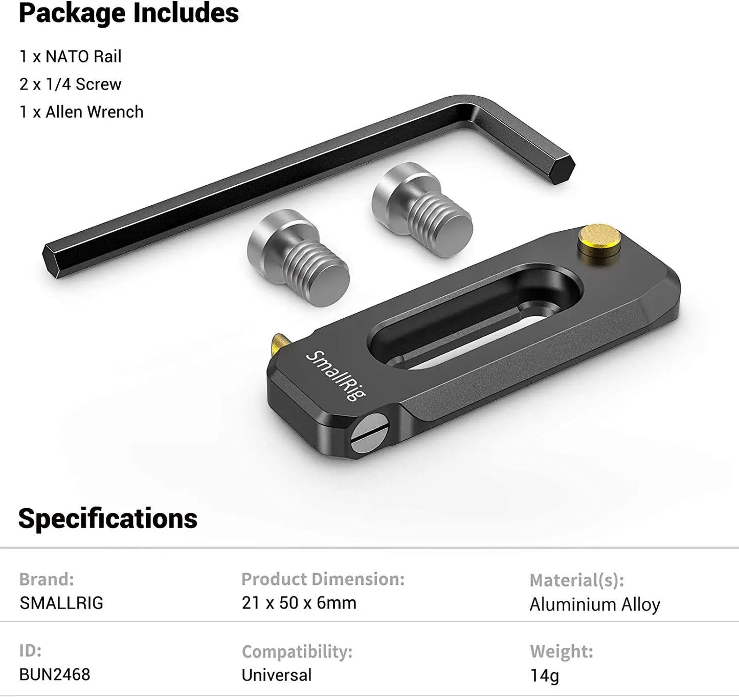 SmallRig Low-profile 6mm thick NATO Rail 50mm with NATO clamp for quick release 1/4"-20 mounting screws BUN2468B