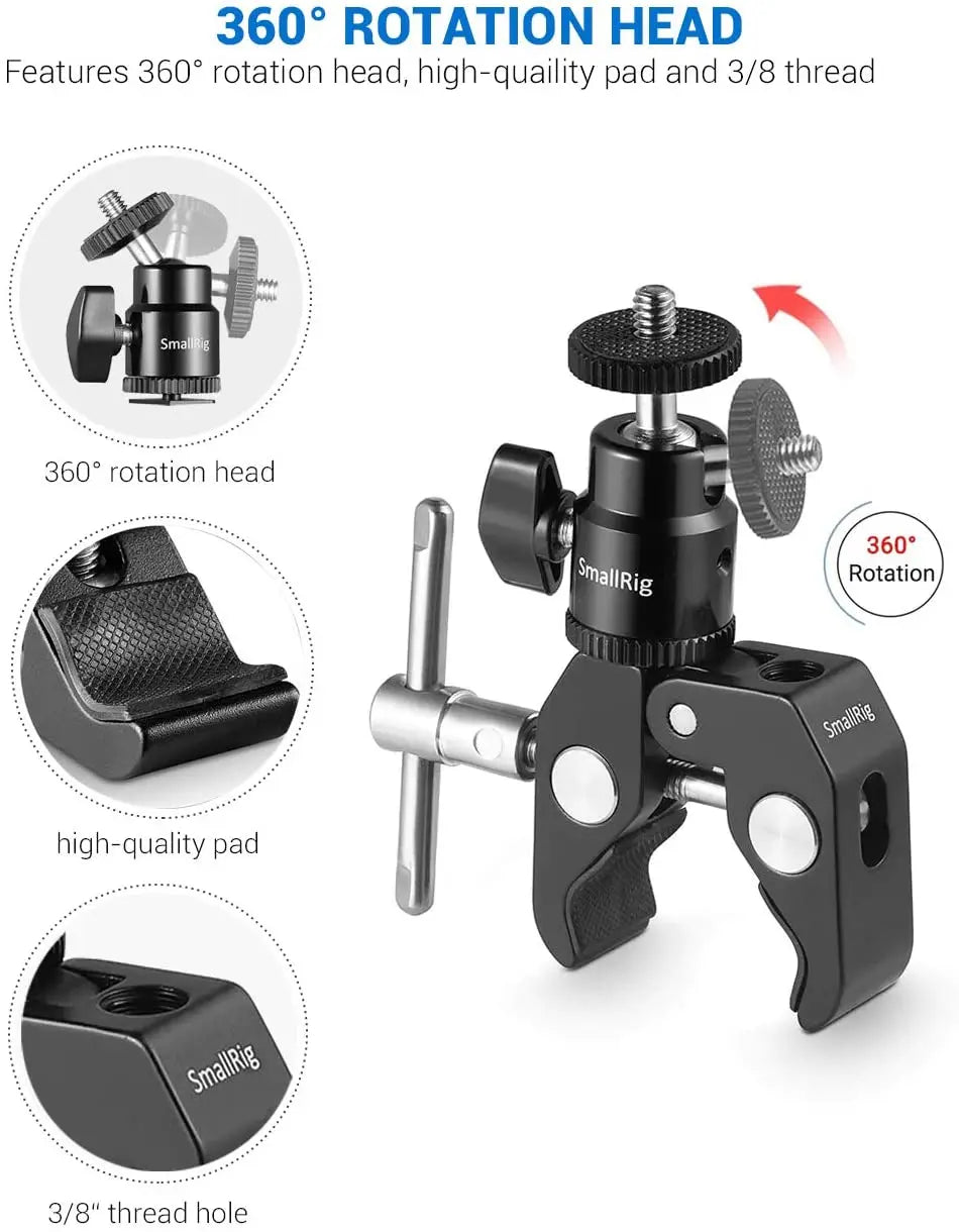 SmallRig DSLR Camera Super Clamp Holder w/ Ball Head Mount Hot Shoe Adapter For Gopro/Camera Light/Monitor Attachment 1124