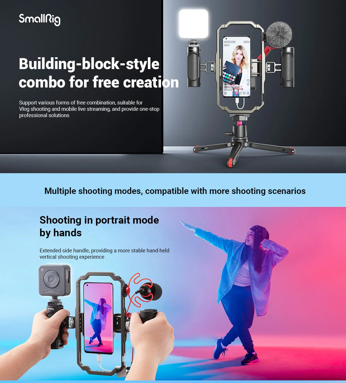 SmallRig Universal Phone Vlog Tripod Video Rig kit Case Cage with 2 Handle Microphone Light