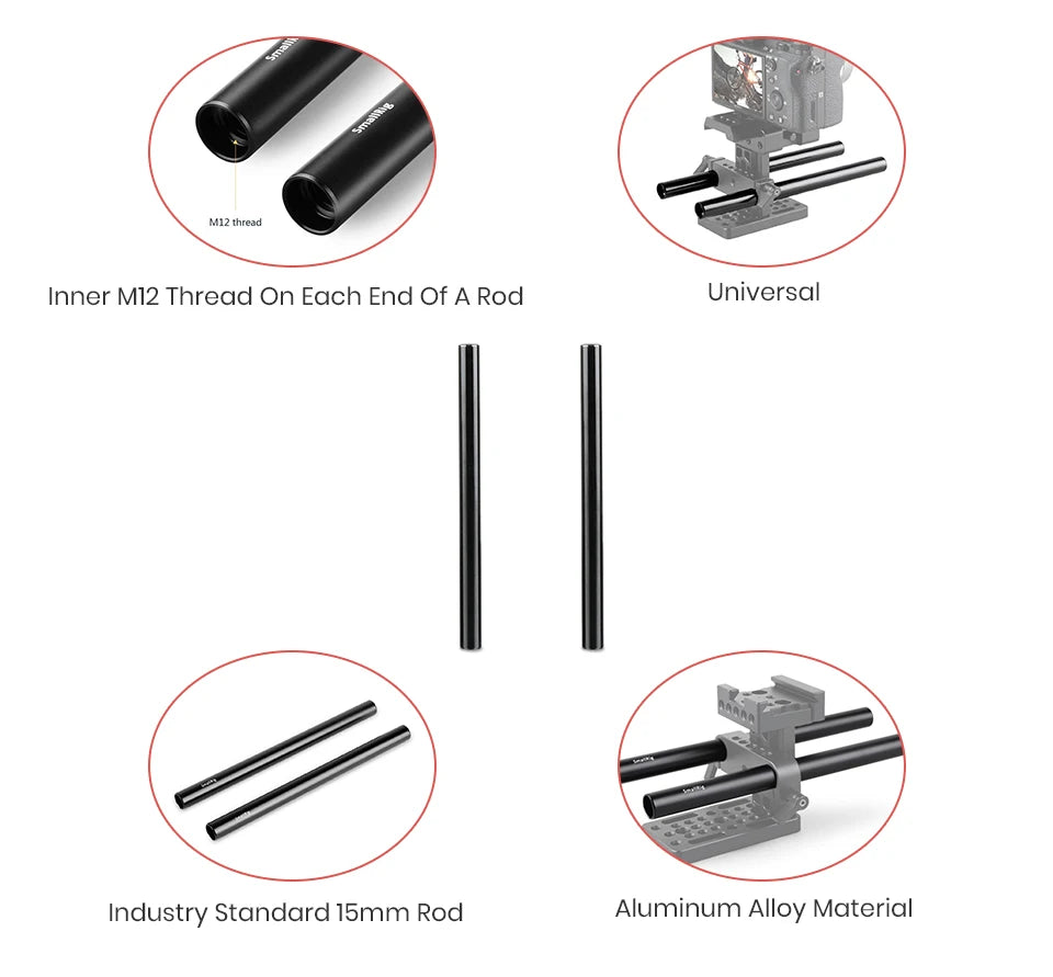 SmallRig Black Aluminum Alloy 15mm Rod M12-20cm 8inch Long (2 Pack)- 1051