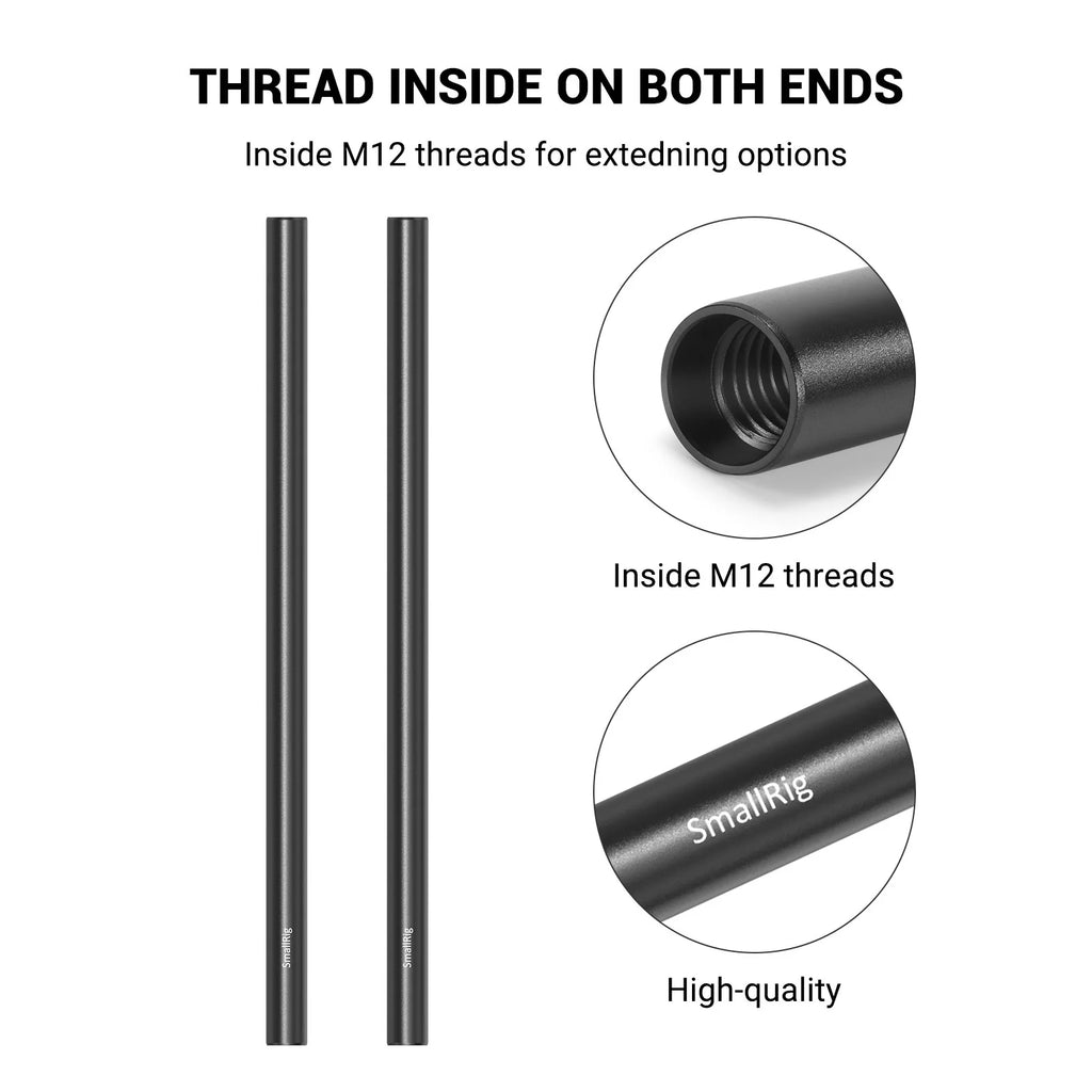 SmallRig 2PCS 15mm Aluminum Alloy Rods 30cm / 12inch Long for Dslr Camera 15mm Rods System Camera Rail Rod Black 1053