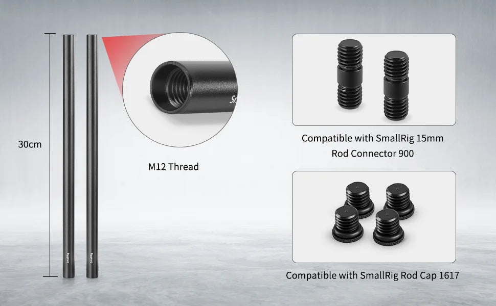 SmallRig 2PCS 15mm Aluminum Alloy Rods 30cm / 12inch Long for Dslr Camera 15mm Rods System Camera Rail Rod Black 1053