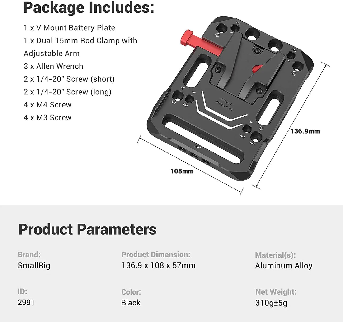 SmallRig V Mount Battery Plate, V-Lock Mount Battery Plate with 15mm Rod Clamp & Adjustable Arm for Power Supply - 2991