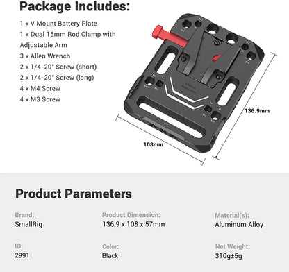 SmallRig V Mount Battery Plate, V-Lock Mount Battery Plate with 15mm Rod Clamp & Adjustable Arm for Power Supply - 2991