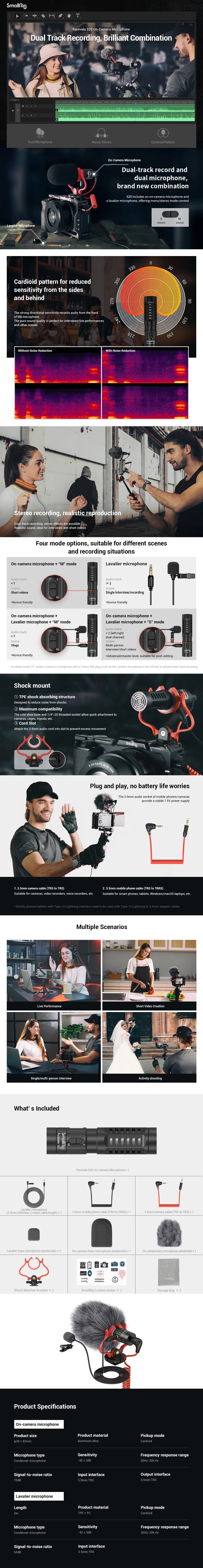 SmallRig S20 On-Camera Microphone with Shock Mount Video Microphone Stereo Mic
