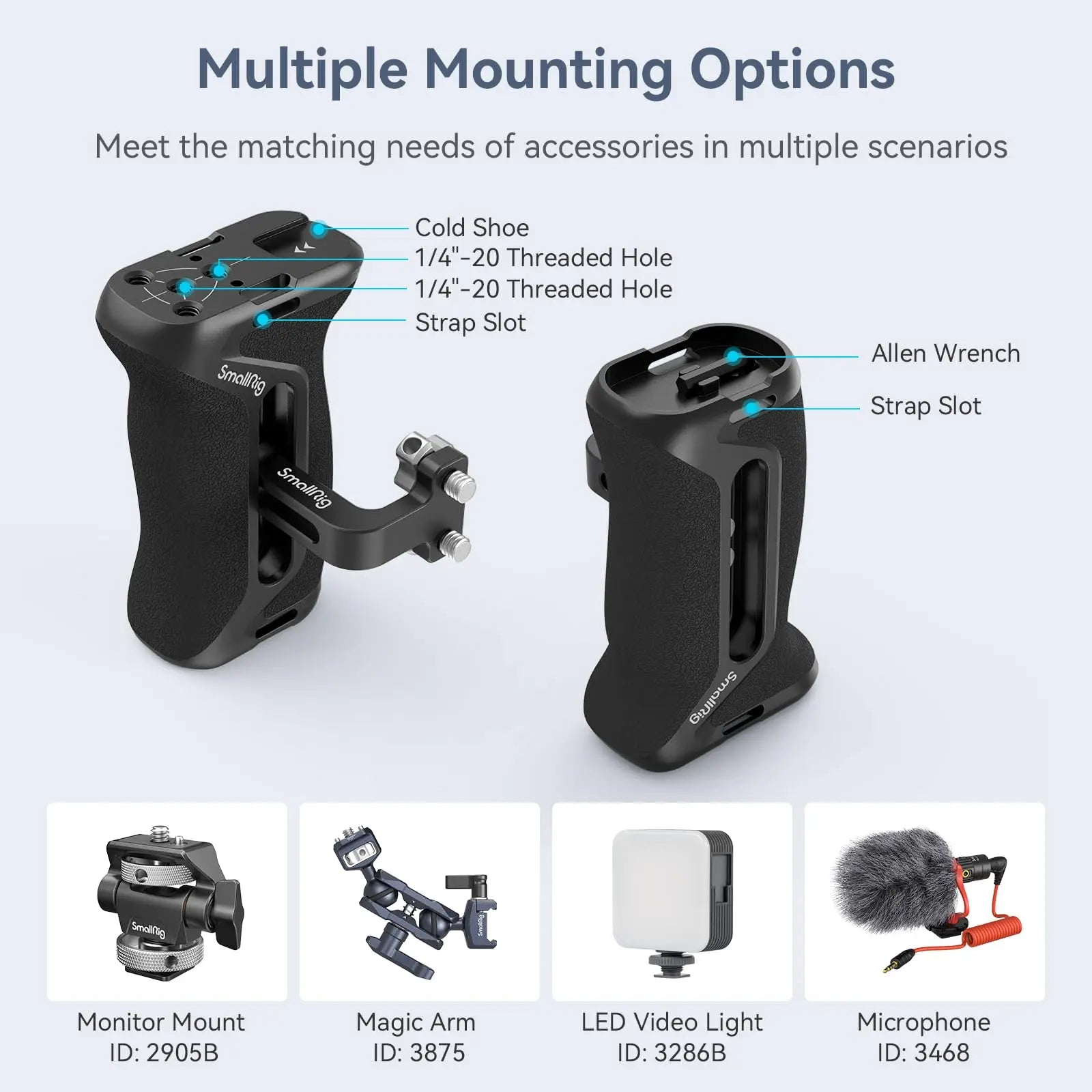 SmallRig DSLR Camera Hand Grip Aluminum Universal Side Handle W/ Screw Mounting Holes &Cold Shoe for Microphone DIY Options 4015