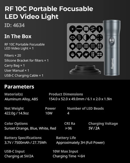 SmallRig Portable Focusable RF 10C LED Video Light 4 Colors Mini spotlight 10W